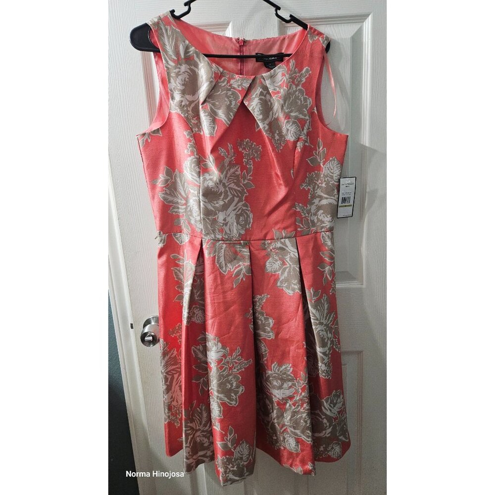 Jessica Howard Coral & Silver Fit & Flare Sleeveless Floral Dress With Pleated S
